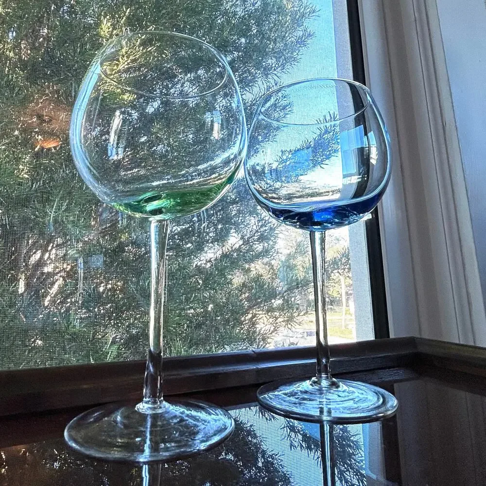 Vintage Color Base Balloon Wine Glasses Green Blue Stemware Pair